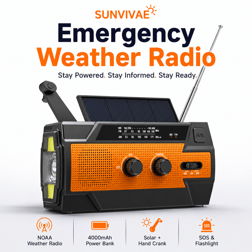 Sunvivae Emergency Weather Radio with 4000mAh Power Bank, NOAA/AM/FM, Solar & Hand Crank Charging, SOS Alarm and Flashlight - Sunvivae