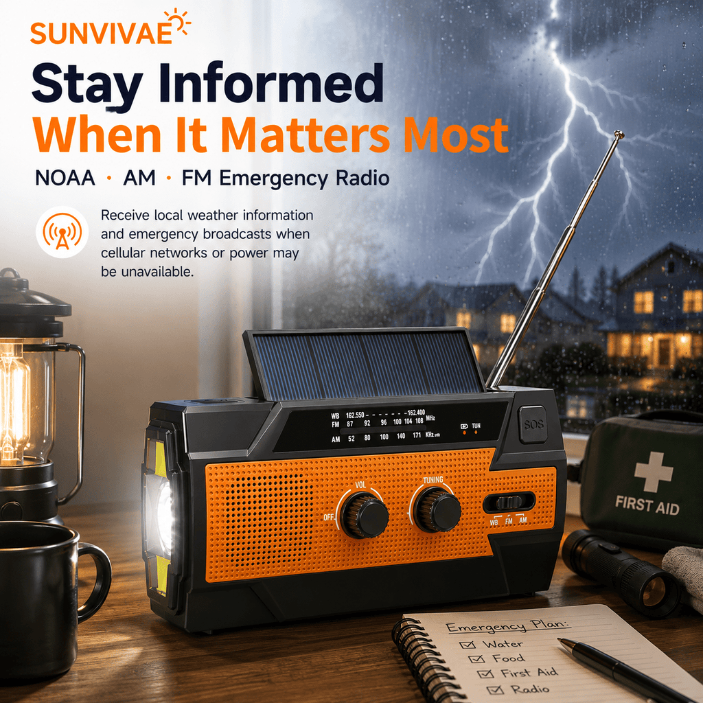 Sunvivae Emergency Weather Radio with 4000mAh Power Bank, NOAA/AM/FM, Solar & Hand Crank Charging, SOS Alarm and Flashlight - Sunvivae