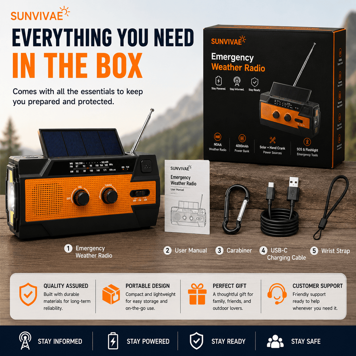 Sunvivae Emergency Weather Radio with 4000mAh Power Bank, NOAA/AM/FM, Solar & Hand Crank Charging, SOS Alarm and Flashlight - Sunvivae