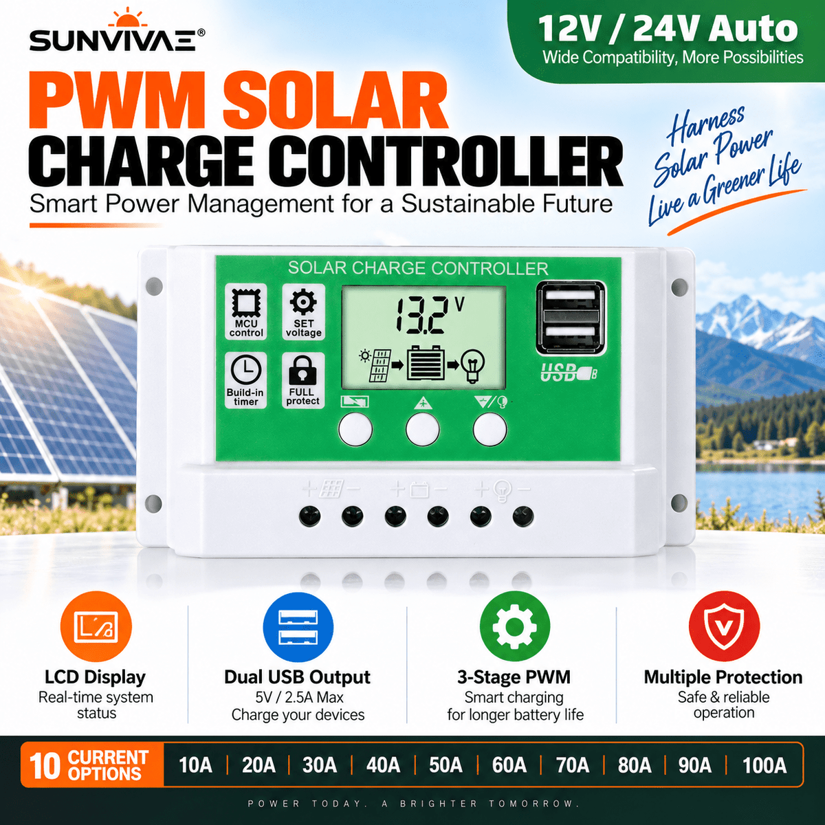 Sunvivae PWM Solar Charge Controller 10A–100A, 12V/24V Auto with LCD & Dual USB - Sunvivae