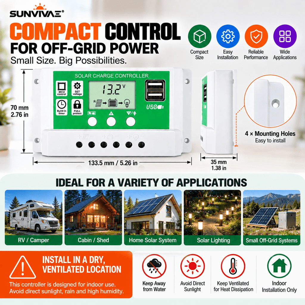 Sunvivae PWM Solar Charge Controller 10A–100A, 12V/24V Auto with LCD & Dual USB - Sunvivae