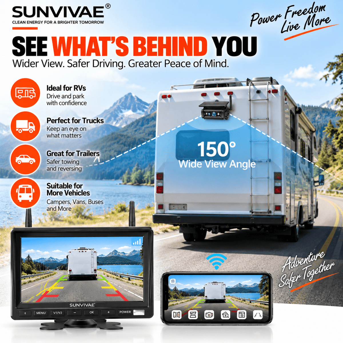 SUNVIVAE Wireless Solar Magnetic Backup Camera System – Phone App, 7″ or 10″ Monitor - Sunvivae