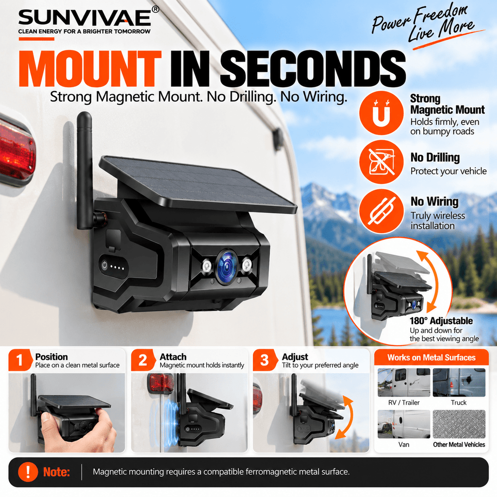 SUNVIVAE Wireless Solar Magnetic Backup Camera System – Phone App, 7″ or 10″ Monitor - Sunvivae