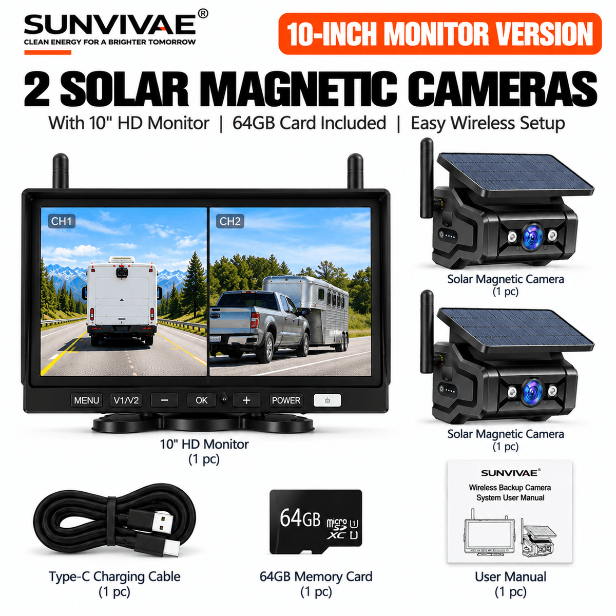 SUNVIVAE Wireless Solar Magnetic Backup Camera System – Phone App, 7″ or 10″ Monitor - Sunvivae