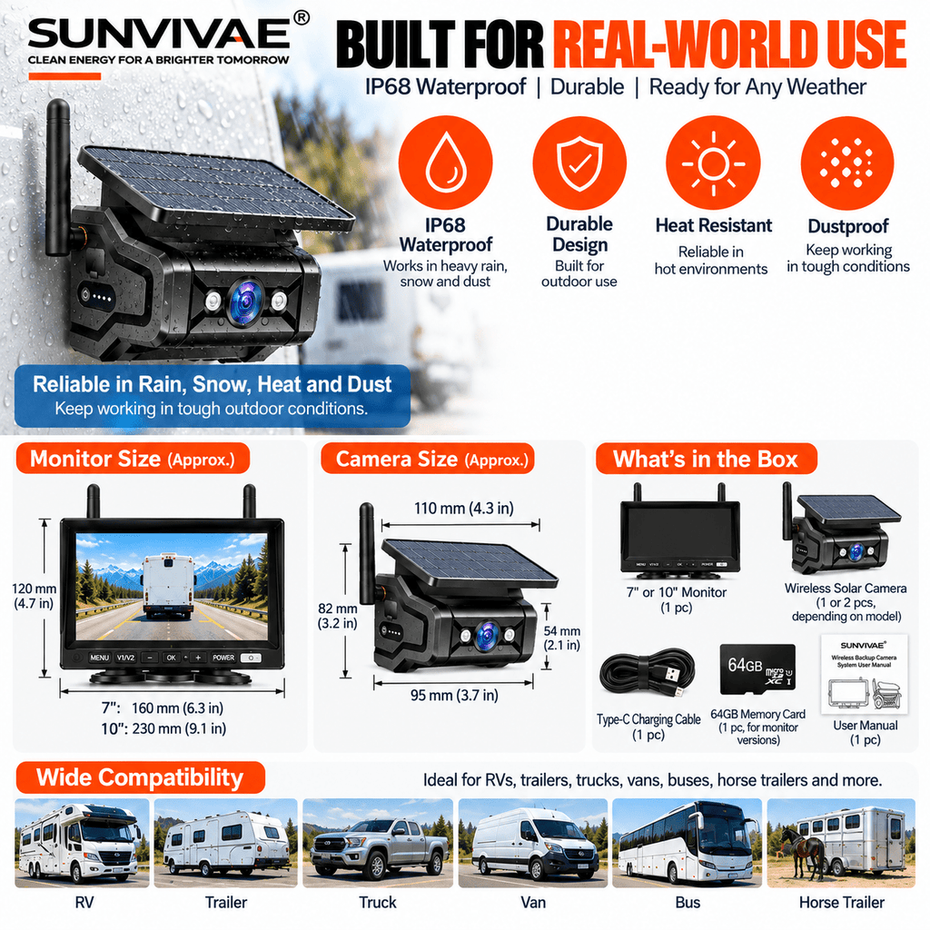 SUNVIVAE Wireless Solar Magnetic Backup Camera System – Phone App, 7″ or 10″ Monitor - Sunvivae