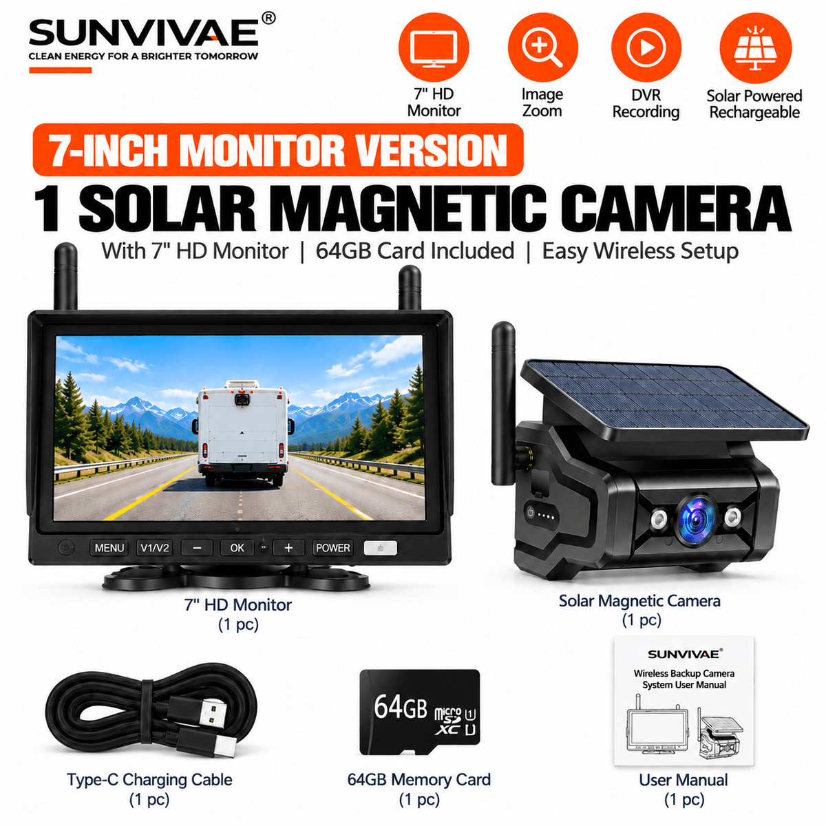 SUNVIVAE Wireless Solar Magnetic Backup Camera System – Phone App, 7″ or 10″ Monitor - Sunvivae