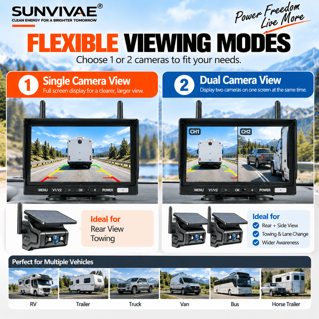 SUNVIVAE Wireless Solar Magnetic Backup Camera System – Phone App, 7″ or 10″ Monitor - Sunvivae