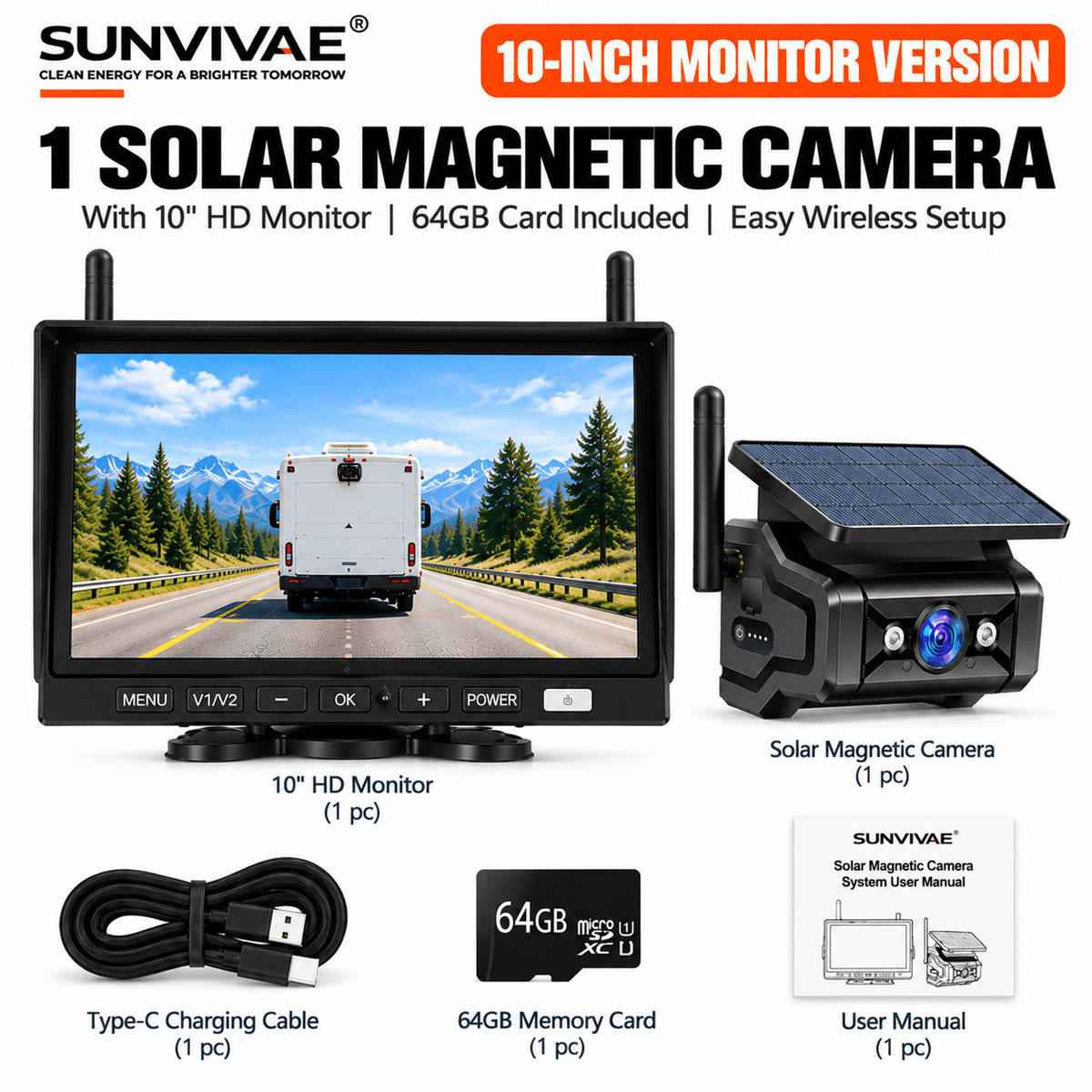 SUNVIVAE Wireless Solar Magnetic Backup Camera System – Phone App, 7″ or 10″ Monitor - Sunvivae