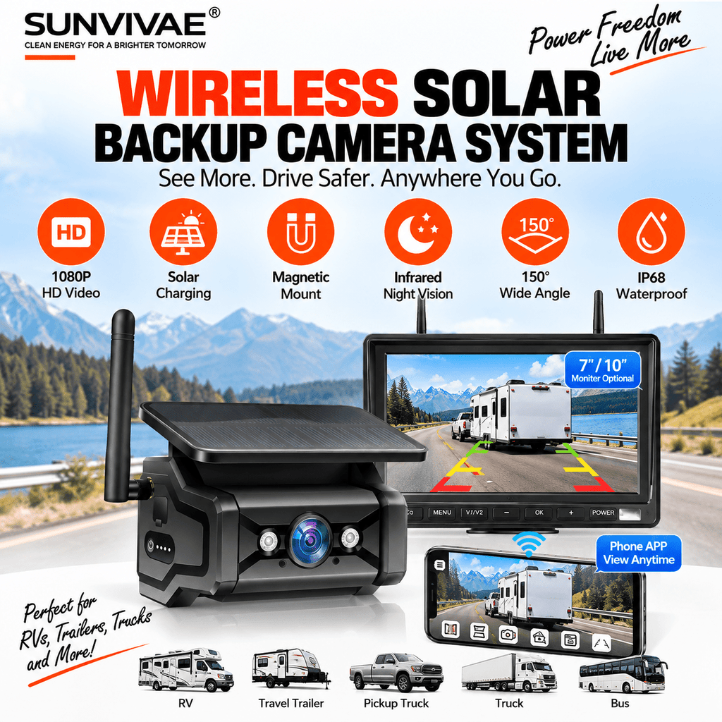 SUNVIVAE Wireless Solar Magnetic Backup Camera System – Phone App, 7″ or 10″ Monitor - Sunvivae