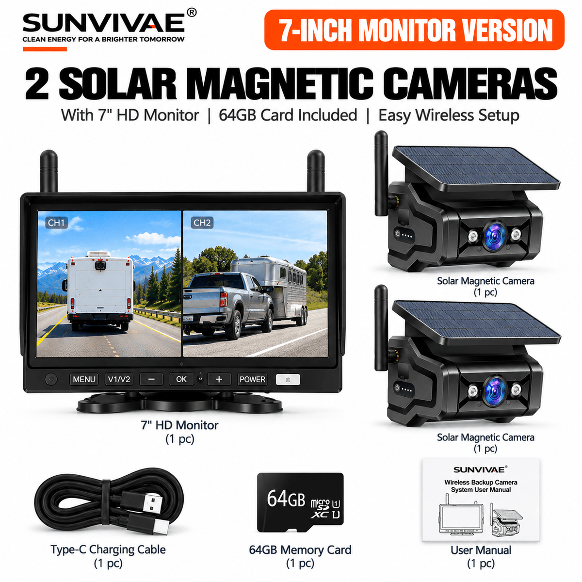 SUNVIVAE Wireless Solar Magnetic Backup Camera System – Phone App, 7″ or 10″ Monitor - Sunvivae